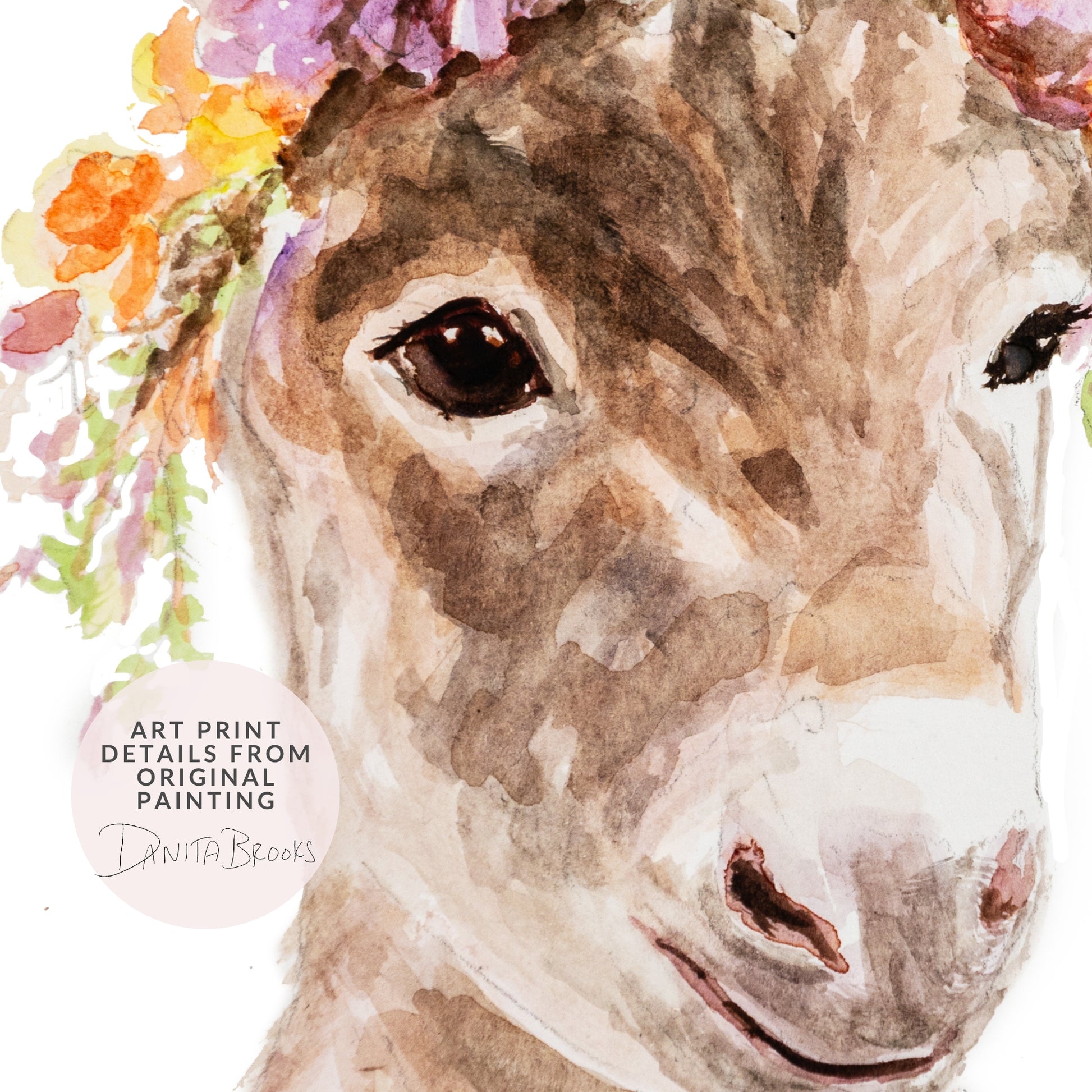 Details of a donkey art print with floral elements and artist's signature from Danita Brooks Studio