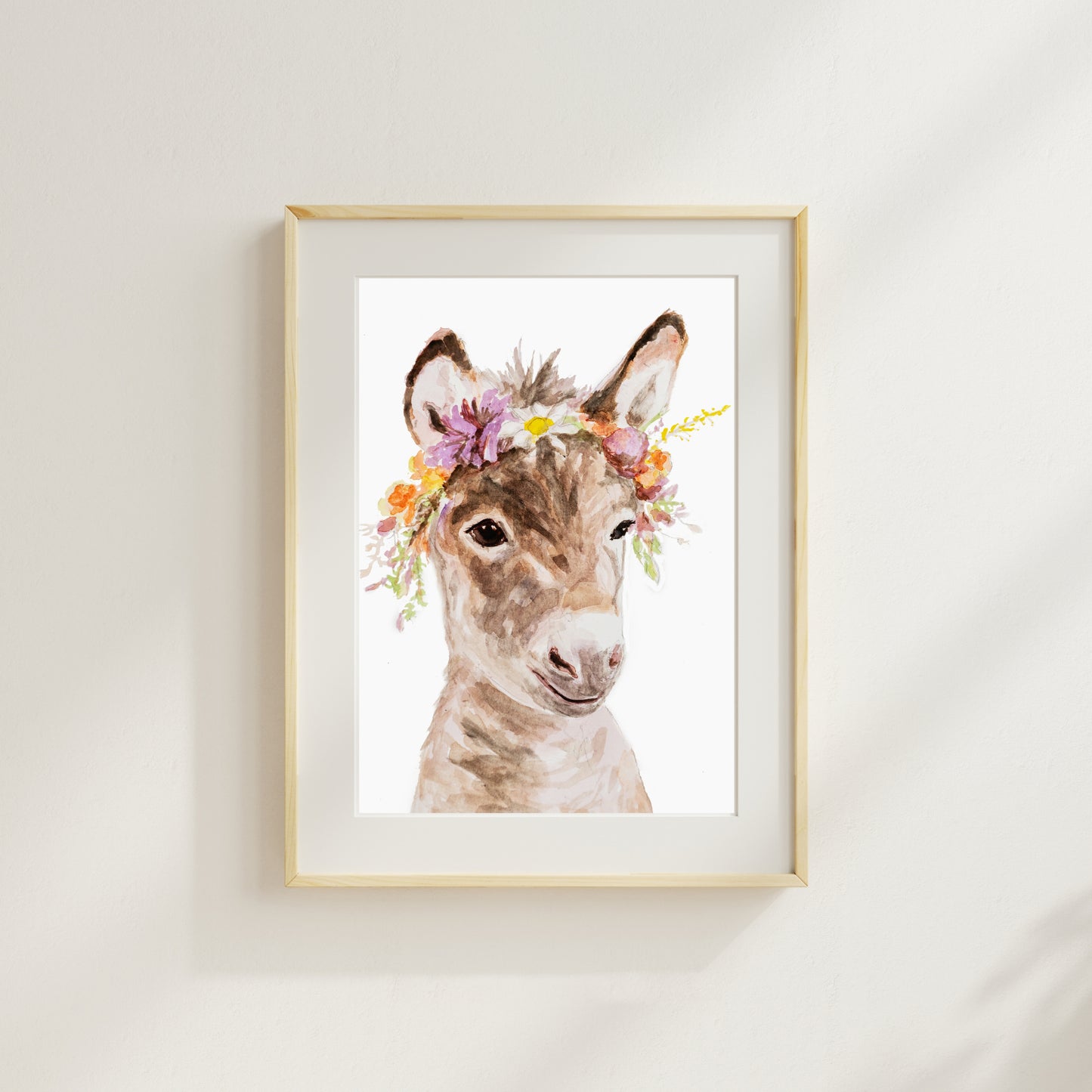 Donkey with Flower Crown – Watercolor Nursery Print