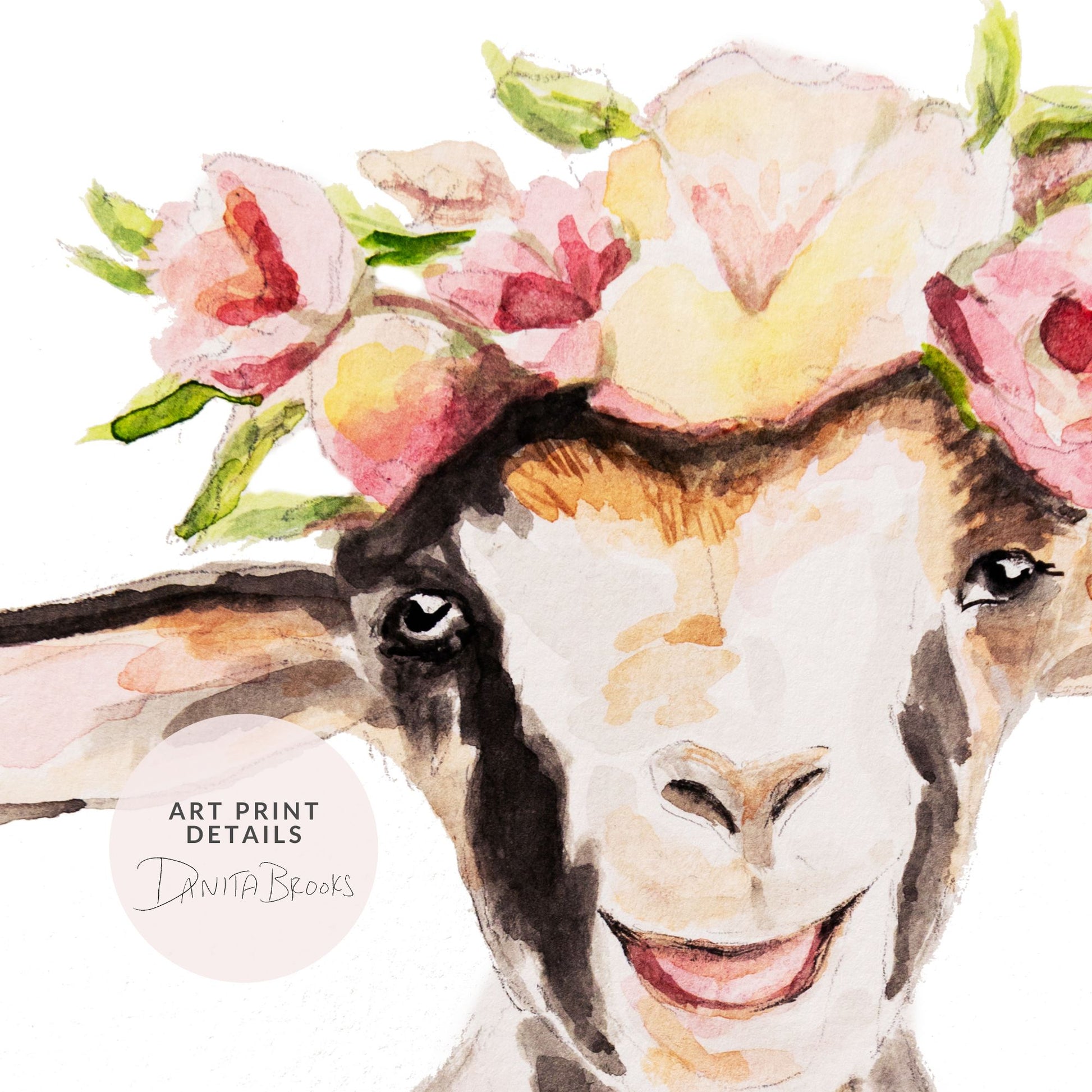 Art print details of a goat's face with floral crown, artist Danita Brooks, on a white background