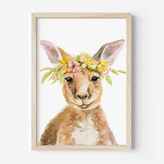 Framed artwork of a watercolor Kangaroo art print by Danita Brooks with a floral crown on a white background