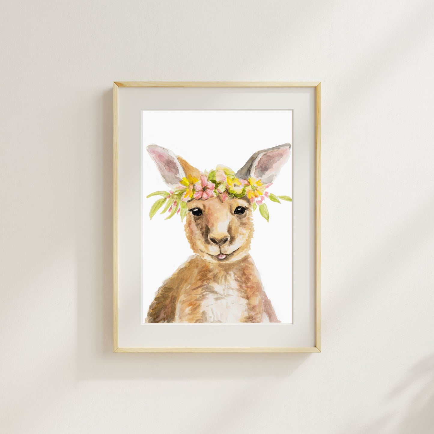 Kangaroo with Flower Crown – Watercolor Nursery Print