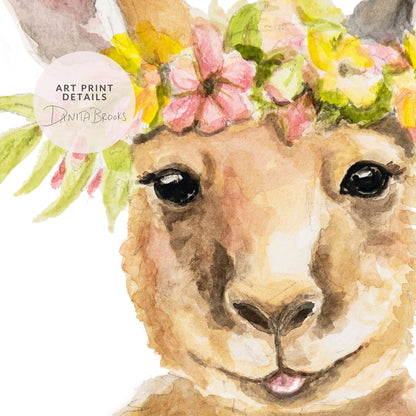 Details of watercolor art print of a Kangaroo with a floral crown, featuring the artist's name 'Danita Brooks'.
