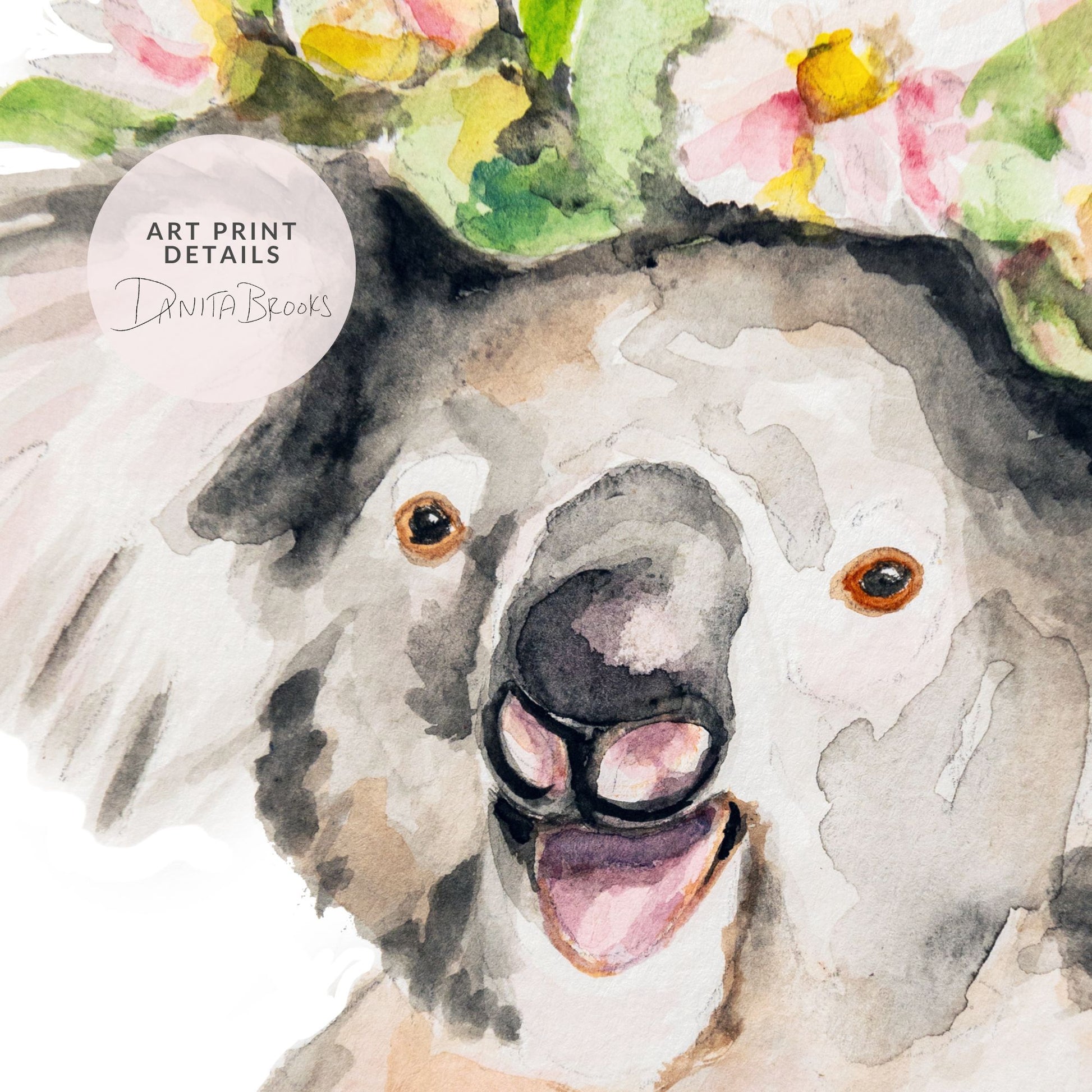 Artistic details of watercolor painting of a koala with floral crown, artist Danita Brooks credited.
