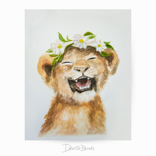 Unframed baby lion cub watercolor print with flower crown – safari baby girl nursery art