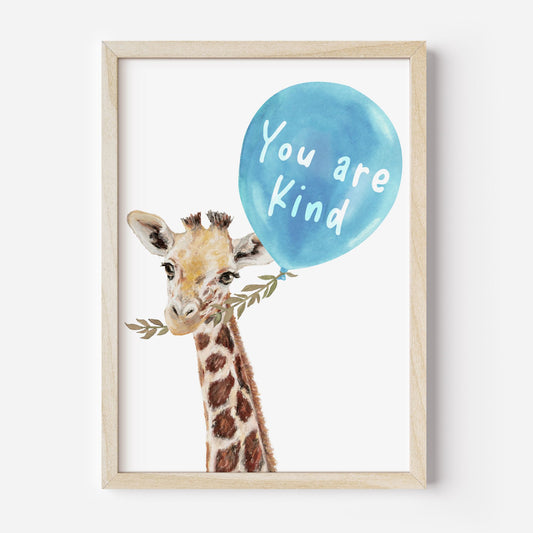 Framed artwork of a giraffe with a blue balloon that says 'You are Kind' on a white background.
