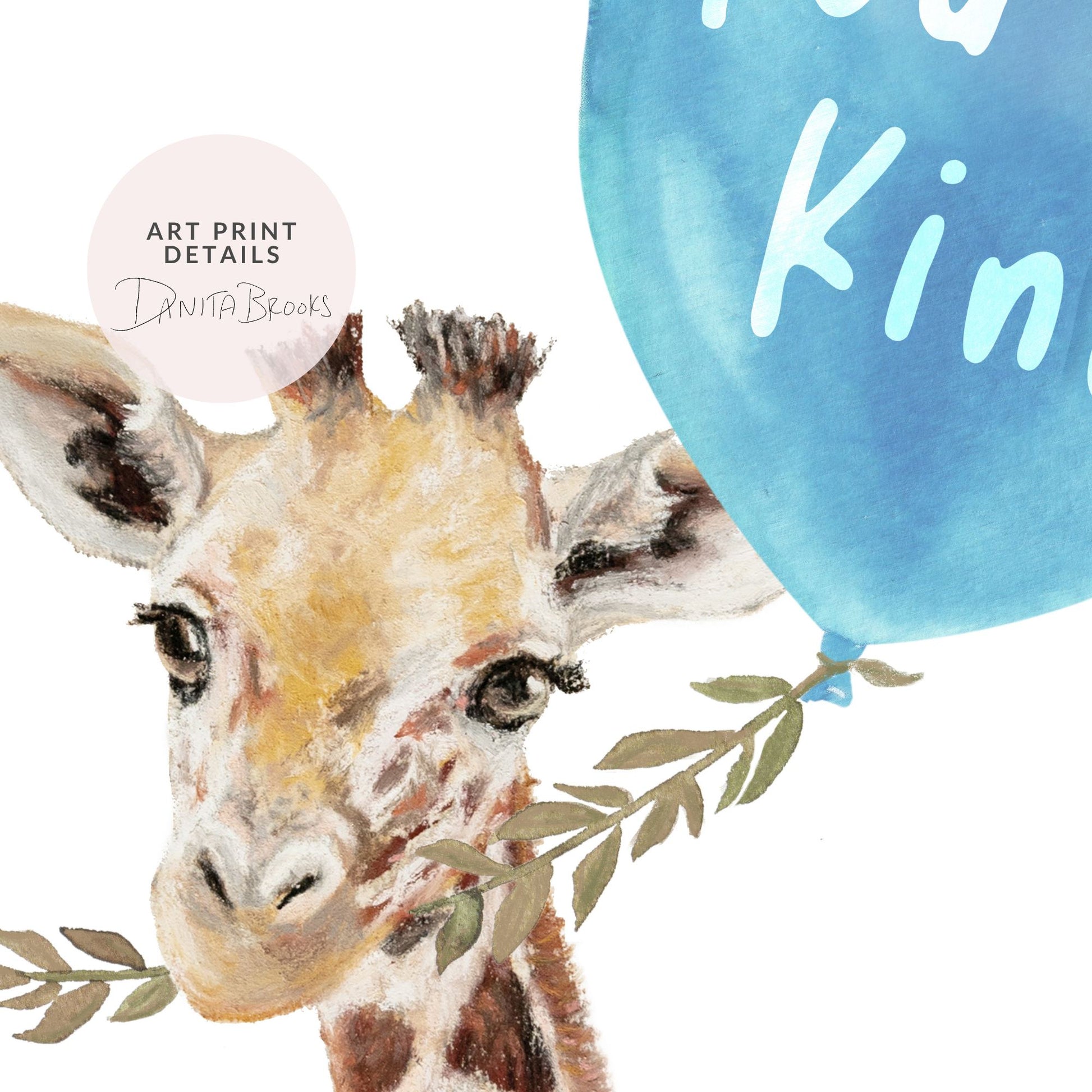 Illustration of a giraffe with a blue balloon and leaves, featuring Art Print Details by Danita Brooks.