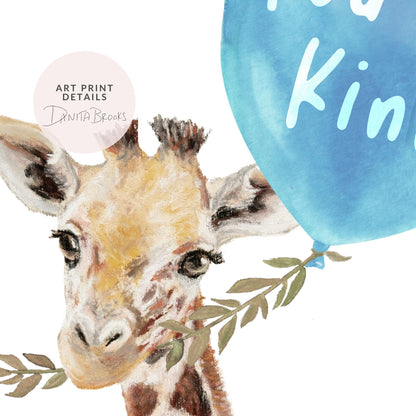 Illustration of a giraffe with a blue balloon and leaves, featuring Art Print Details by Danita Brooks.