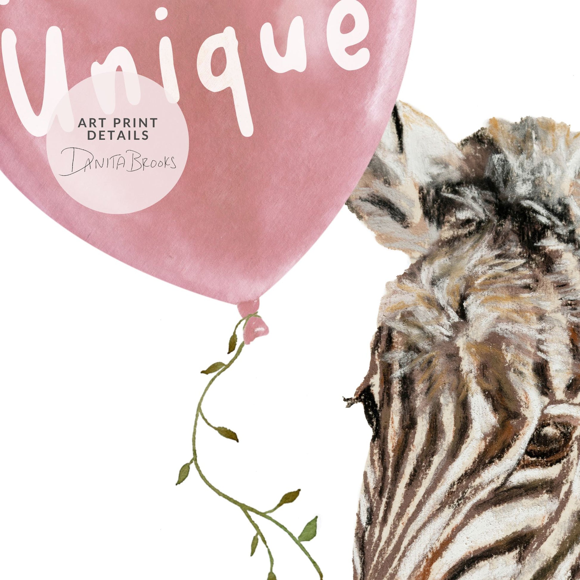 Zebra head with a pink balloon and 'Unique' text on a white background