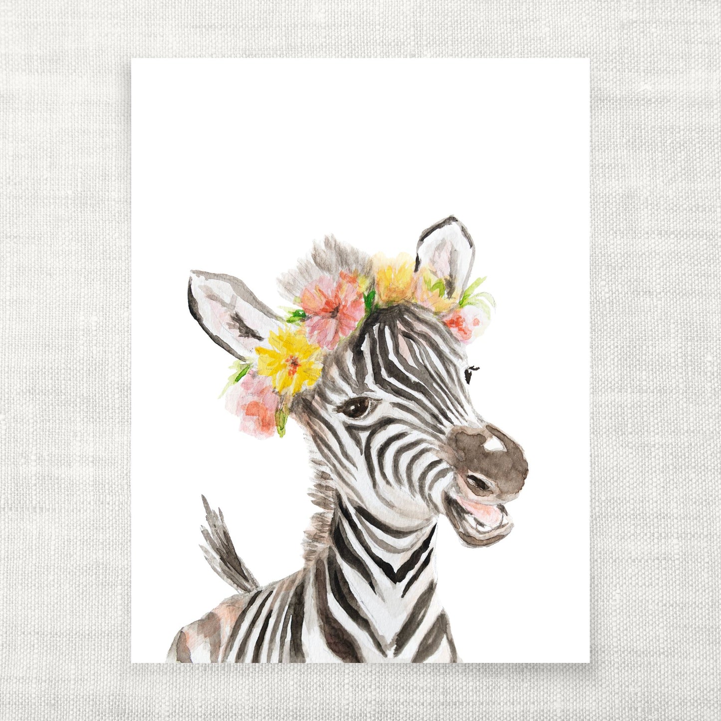 Illustration of a zebra with a floral headband on a white background
