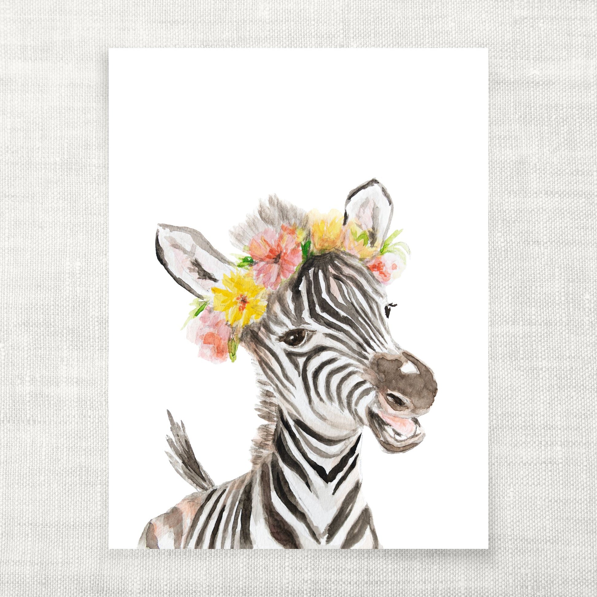 Illustration of a zebra with a floral headband on a white background