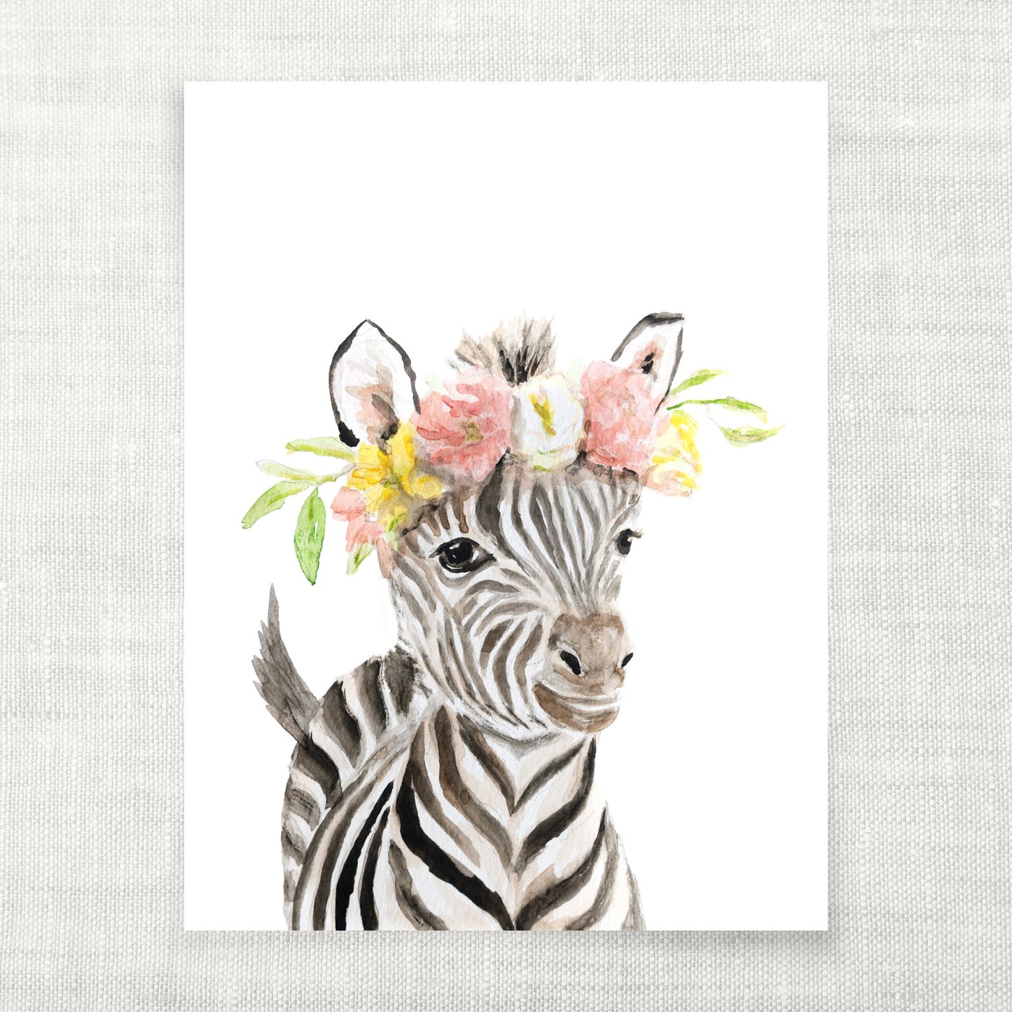 Illustration of a zebra wearing a floral headband on a white background