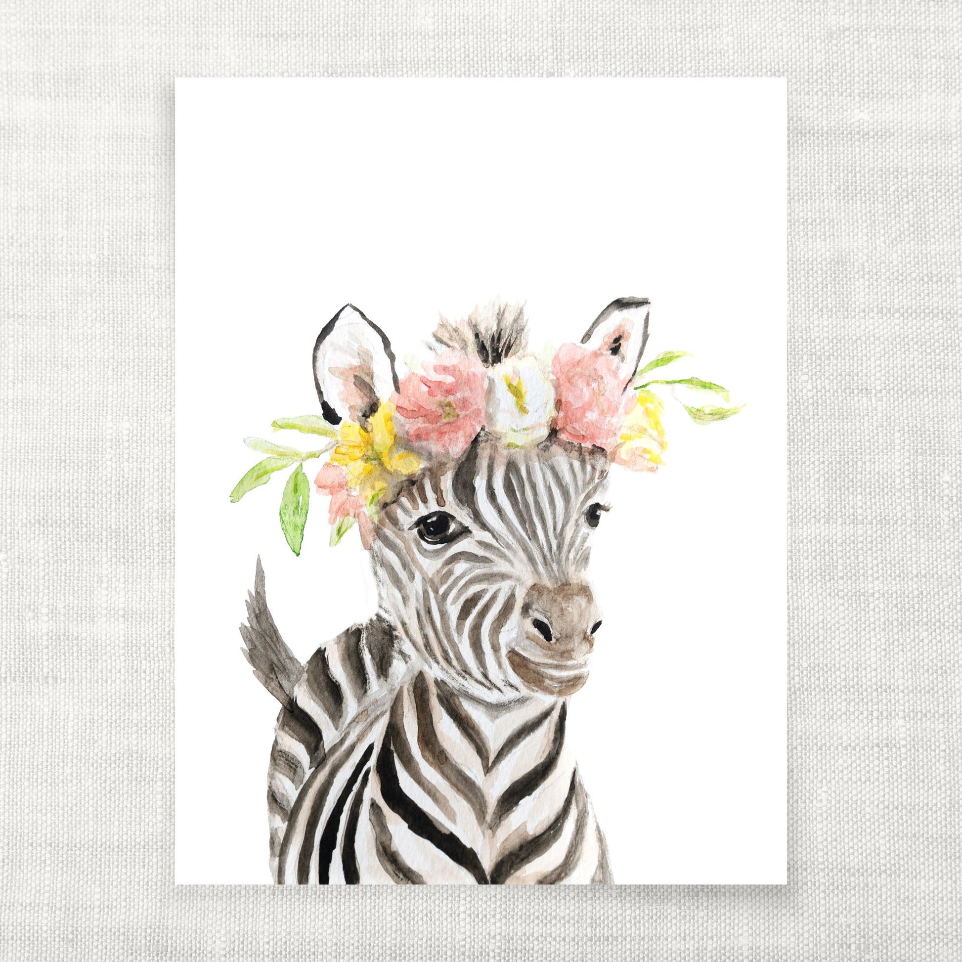 Illustration of a zebra wearing a floral headband on a white background