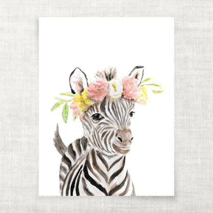Illustration of a zebra wearing a floral headband on a white background