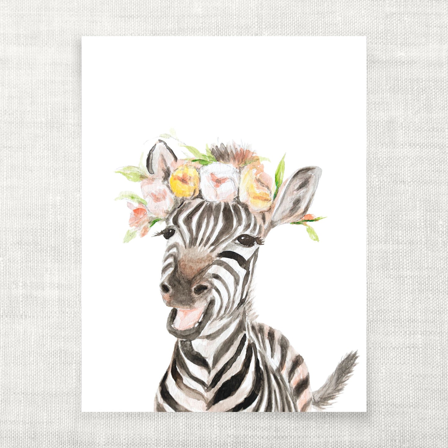 Illustration of a zebra with floral crown on a white background