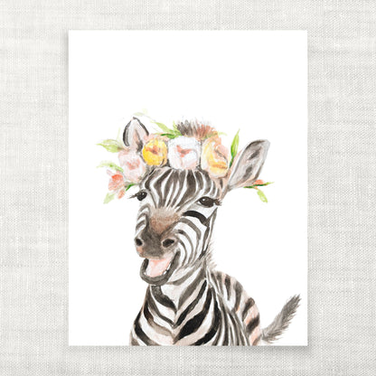 Illustration of a zebra with floral crown on a white background