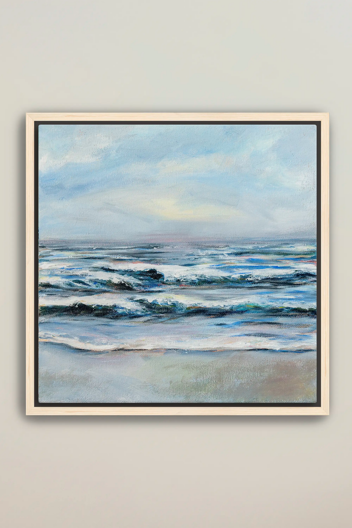 a painting of a beach with waves coming in