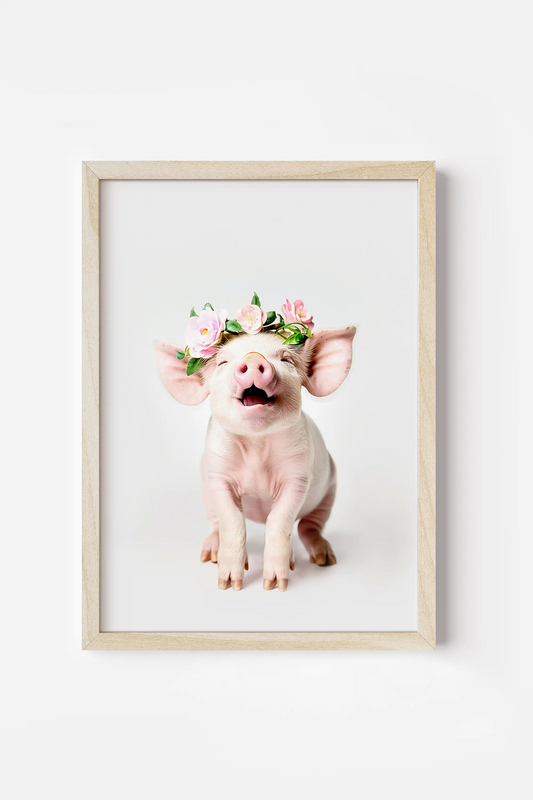 a pig with a flower crown on its head