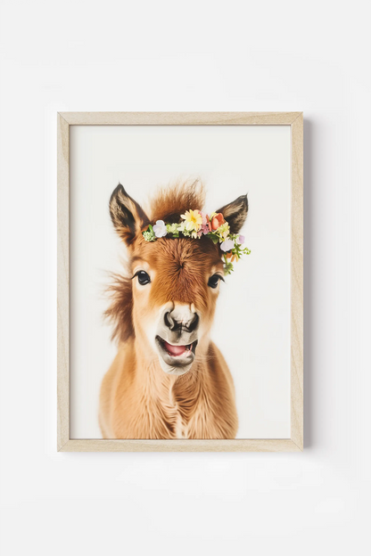 a picture of a donkey with a flower crown on it's head