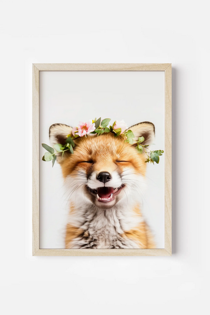 a picture of a fox with a flower crown on its head