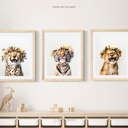 Safari Baby Animals Art Set - Flower Crown Nursery Wall Art Prints