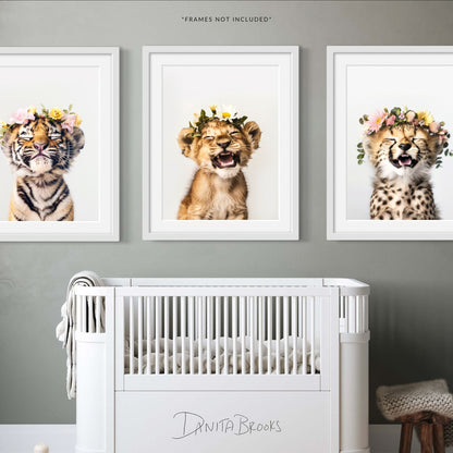 Flower Crown Safari Baby Animals Set of 3 Art Prints - Nursery Wall Decor