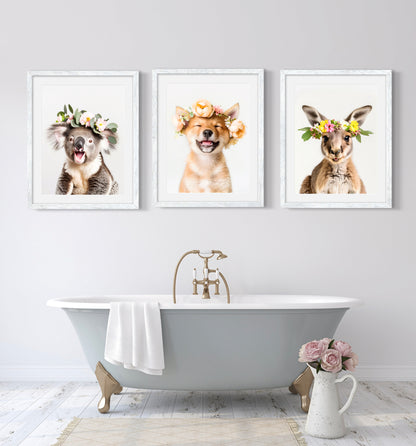 Flower Crown Australian Animal Art Print Set of 3 by Danita Brooks Studio shown in a bathroom