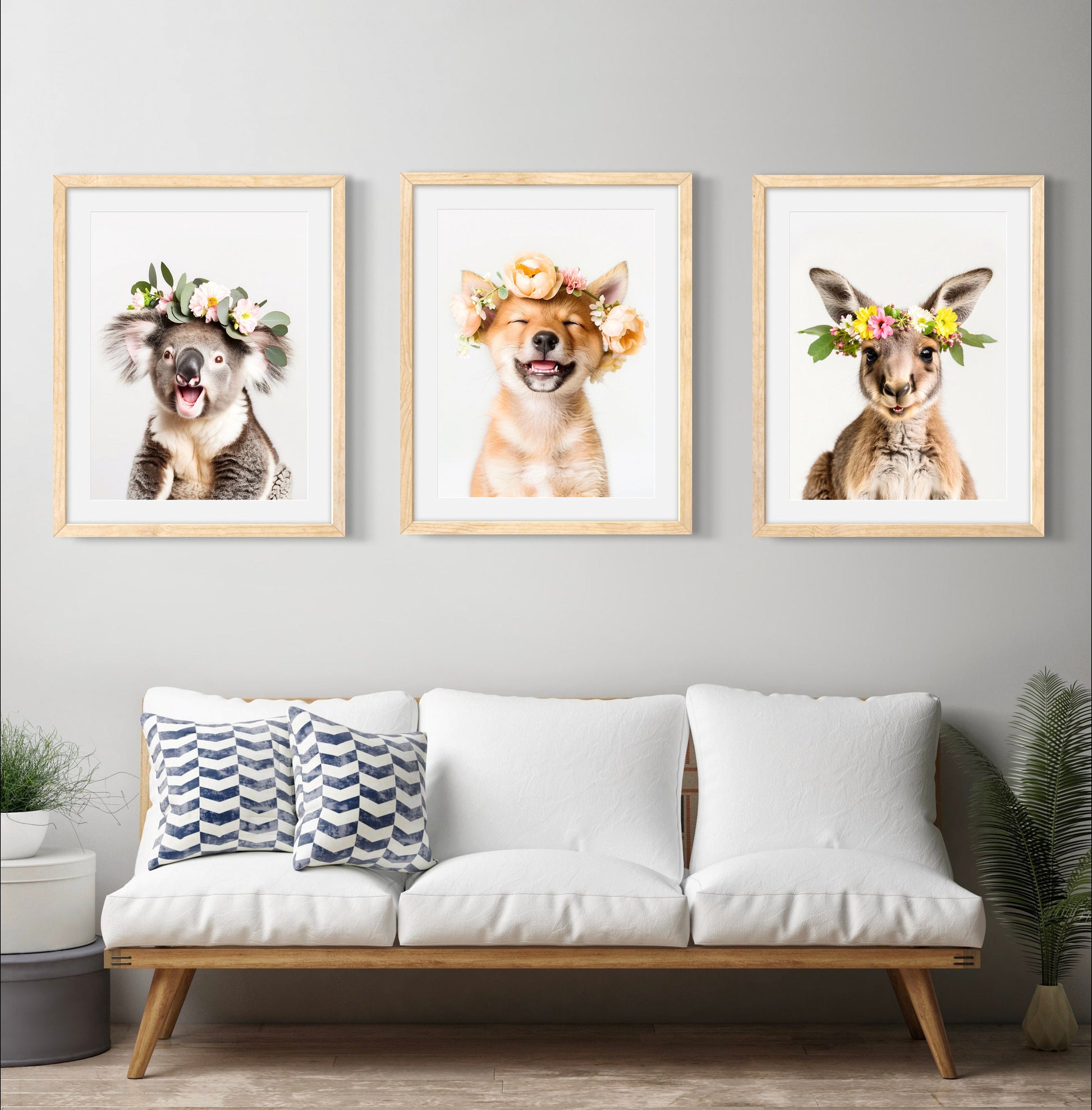 Flower Crown Australian Animal Art Print Set of 3 by Danita Brooks Studio shown in a playroom above a couch