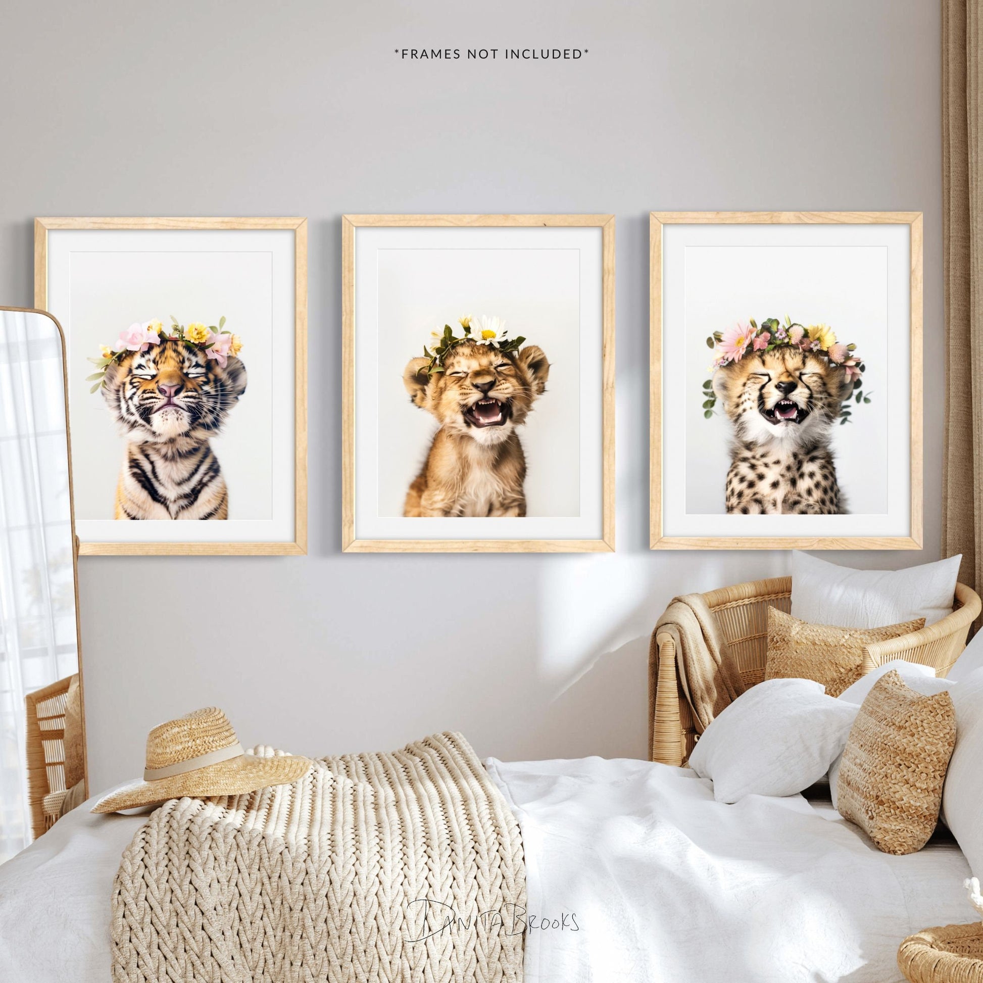 Lion Cub, Tiger, Cheetah Art Print Set - Flower Crown Safari Nursery Decor